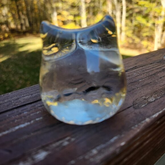 Clear Art Glass Owl Small Paperweight Figure Vintage Handblown Lisa Larson Eyes - Picture 2 of 4